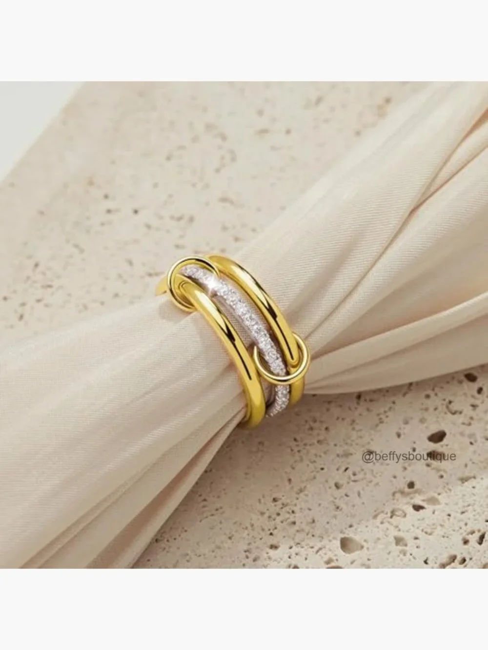 14K Gold Plated Interlocking Trinity Ring with CZ Stackable - Picture 6 of 7